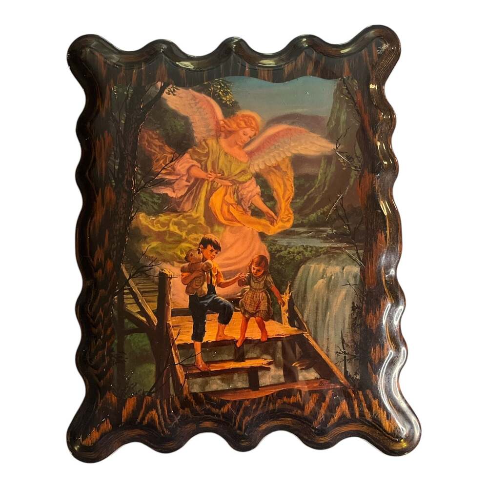 Vintage Wooden Wall Plaque Lacquered Scalloped Edge Guardian Angel
